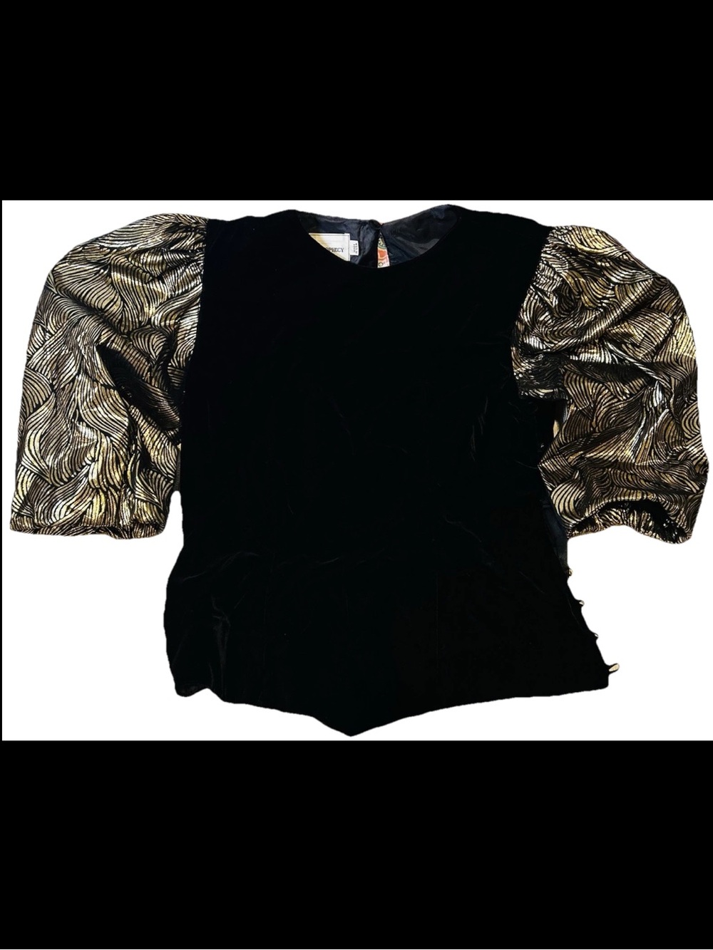 Vintage Prophecy Black Velvet Puffed Shoulder Top Gold Metallic Sleeves Size L